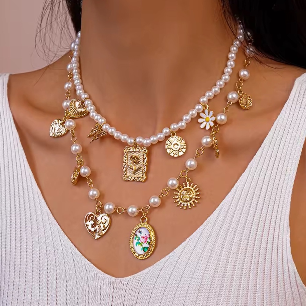 New boho classic adjustable 2x Gold and Pearl Charm Necklace